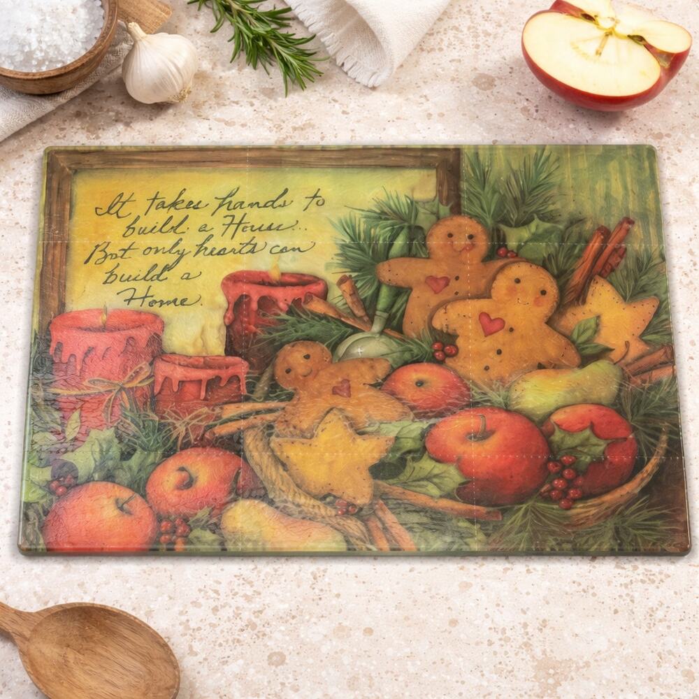 Vintage Fruit & Verse Glass Cutting Board 12x8 Kitchen Decor